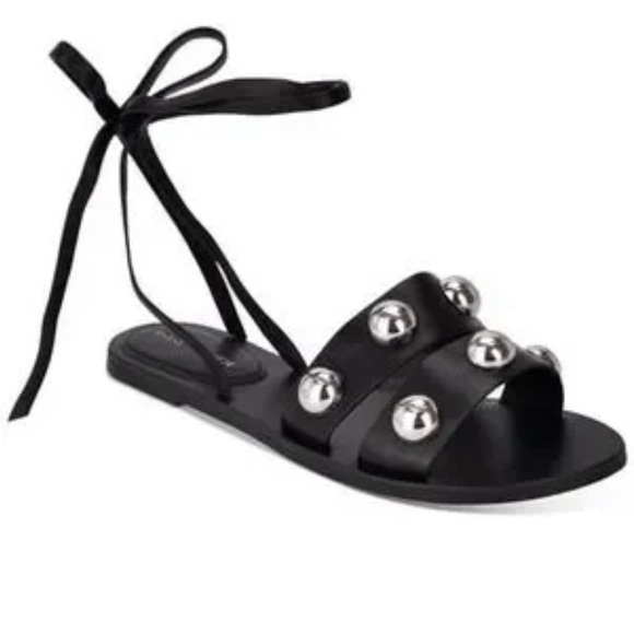 Marc Fisher Black Leather Sandals with Metallic Accents - Picture 3 of 10